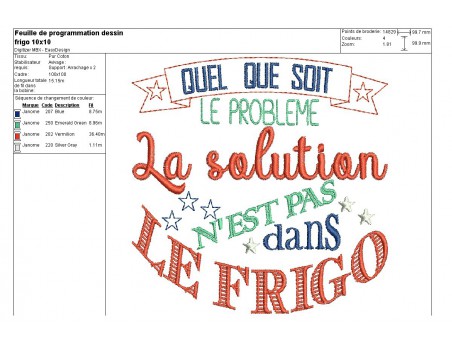 Motif de broderie machine texte humour frigo