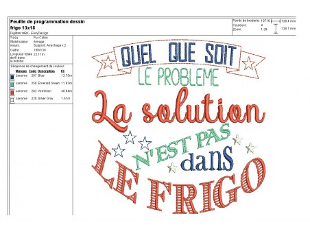 Motif de broderie machine texte humour frigo