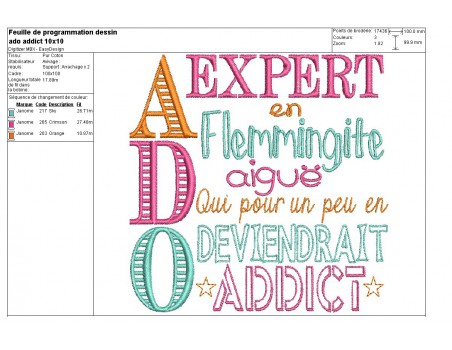 Motif de broderie machine texte humour Ado