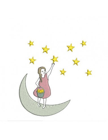 Motif de broderie machine petite fille sur la lune