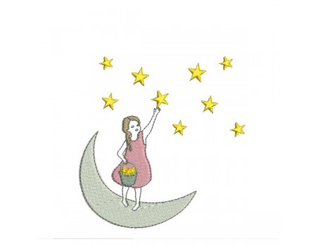 Motif de broderie machine petite fille sur la lune