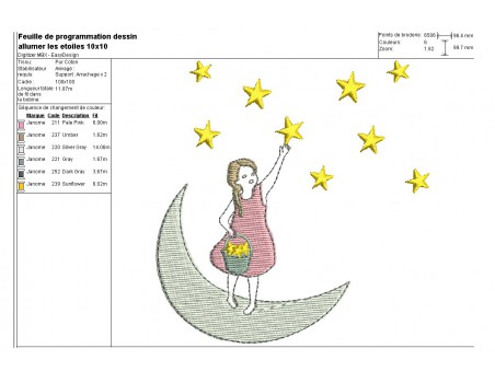 Motif de broderie machine petite fille sur la lune