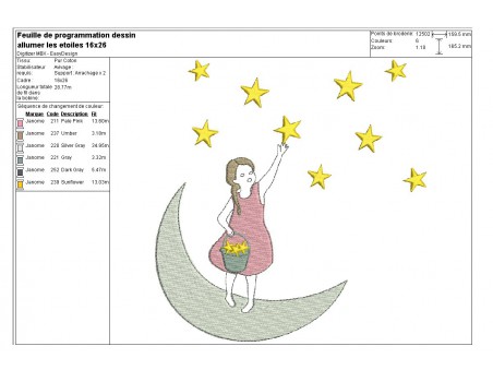 Motif de broderie machine petite fille sur la lune