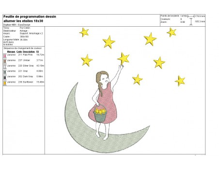 Motif de broderie machine petite fille sur la lune