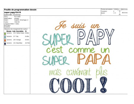 Motif de broderie machine texte super papy