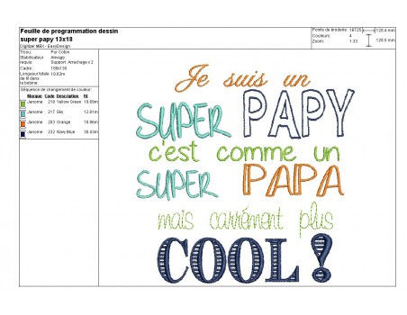 Motif de broderie machine texte super papy