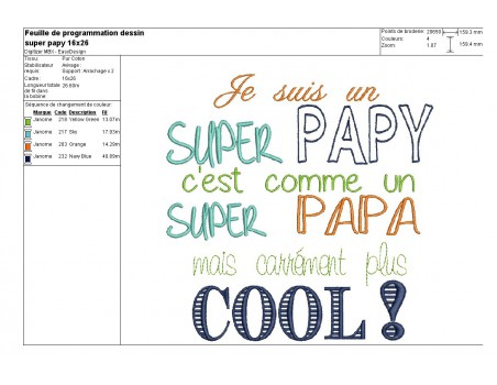 Motif de broderie machine texte super papy