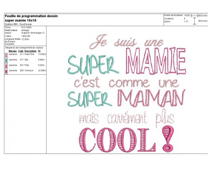 Motif de broderie machine texte humour super mamie