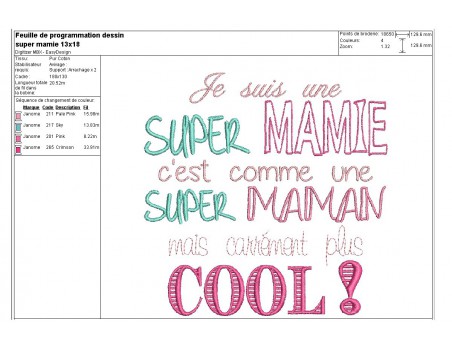 Motif de broderie machine texte humour super mamie