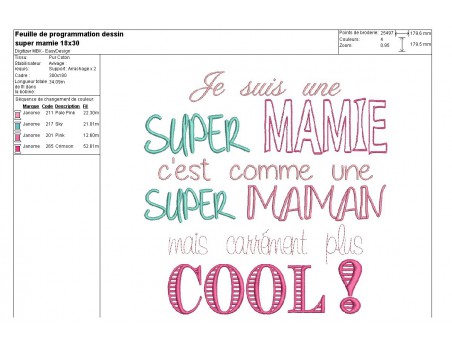 Motif de broderie machine texte humour super mamie