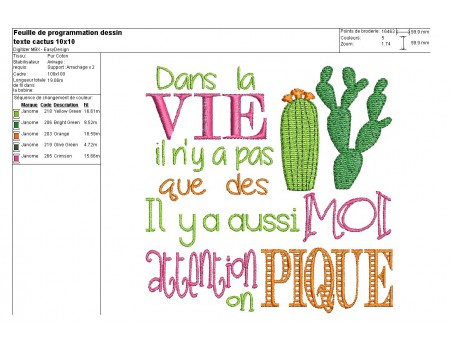 Motif de broderie machine texte humour cactus