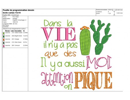 Motif de broderie machine texte humour cactus