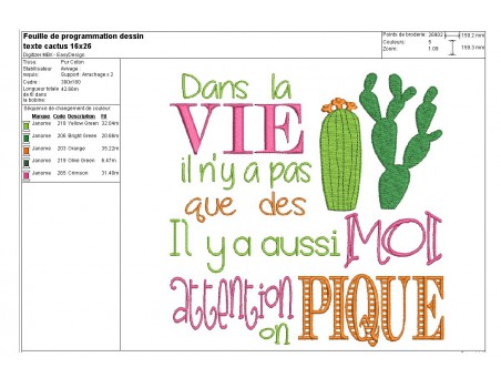 Motif de broderie machine texte humour cactus