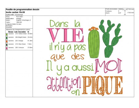 Motif de broderie machine texte humour cactus