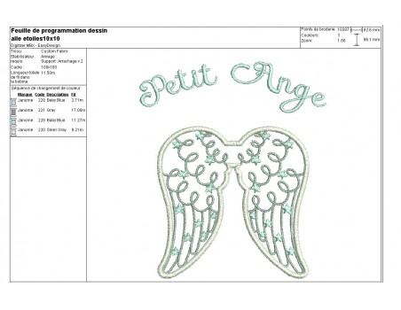 Motif de broderie machine  ailes d'ange étoiles