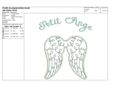 Motif de broderie machine  ailes d'ange étoiles