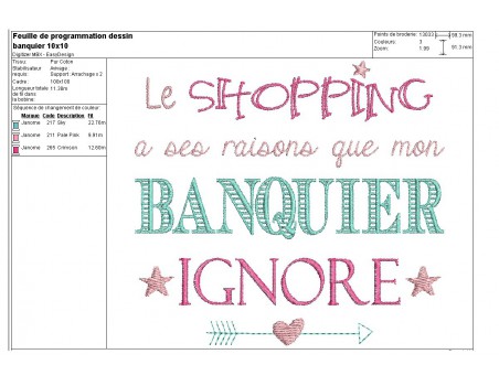 Motif de broderie machine texte humour banquier