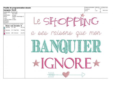 Motif de broderie machine texte humour banquier