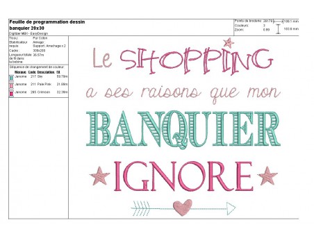 Motif de broderie machine texte humour banquier