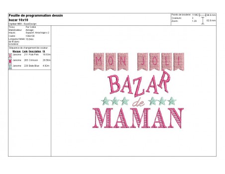 Motif de broderie machine texte humour petit bazar