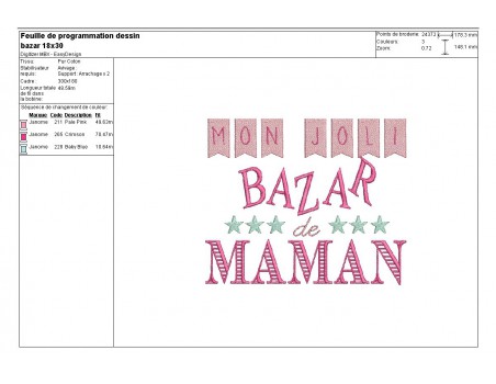 Motif de broderie machine texte humour petit bazar