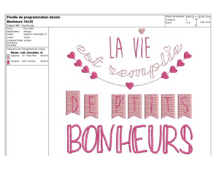 Motif de broderie machine texte humour petits bonheurs