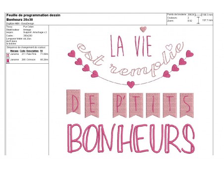 Motif de broderie machine texte humour petits bonheurs