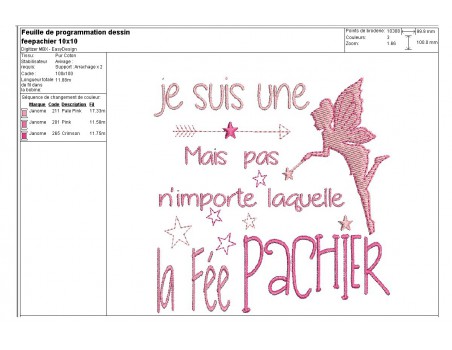 Motif de broderie machine texte humour fée