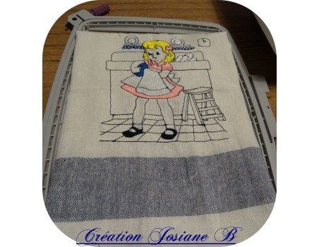 Instant download machine embroidery design vintage vintage little girl doing the dishes