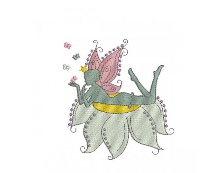 Embroidery design Fairy with butterfly wings on the moon