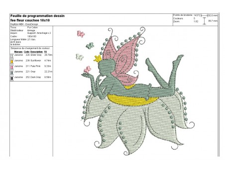 Motif de broderie machine fée allongée sur fleur