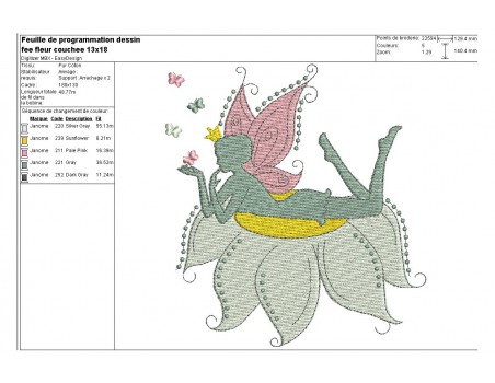 Motif de broderie machine fée allongée sur fleur