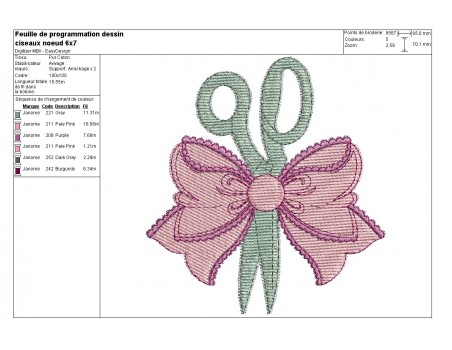 Motif de broderie machine ciseaux avec noeud