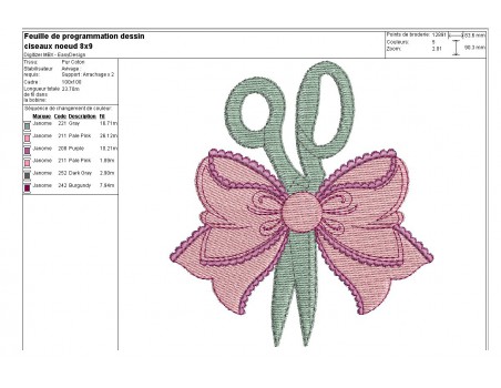 Motif de broderie machine ciseaux avec noeud