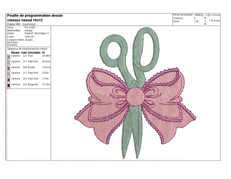 Motif de broderie machine ciseaux avec noeud