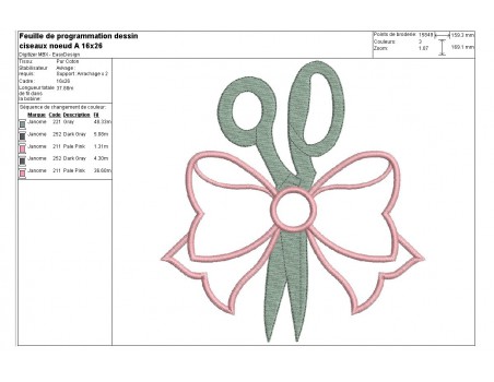 Motif de broderie machine ciseaux avec noeud en appliqué