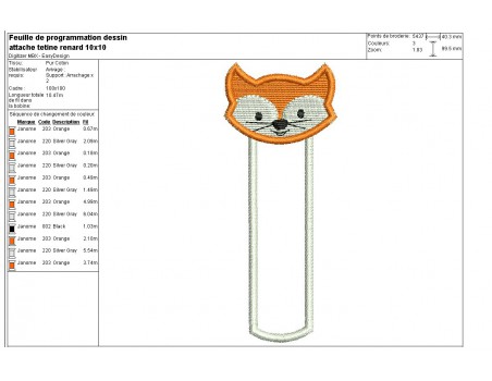 Motif de broderie machine attache tétine ou marque page Renard  ITH