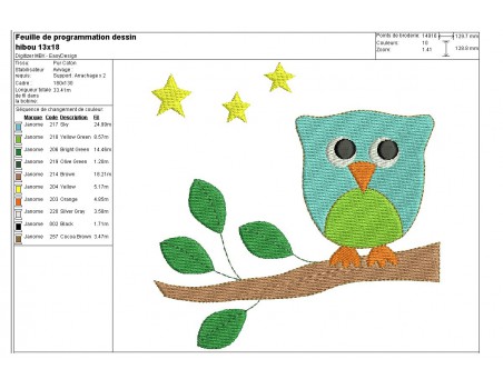 Motif de broderie machine hibou sur sa branche