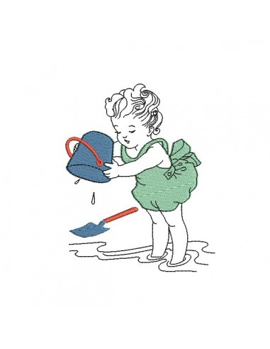 Motif de broderie machine petite fille à la plage avec son seau