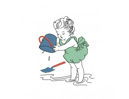 Motif de broderie machine petite fille à la plage avec son seau