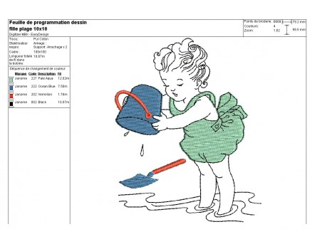 Motif de broderie machine petite fille à la plage avec son seau