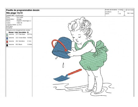 Motif de broderie machine petite fille à la plage avec son seau