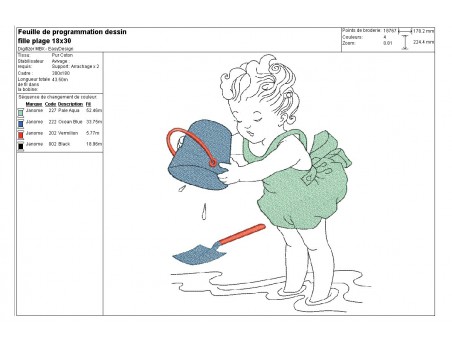 Motif de broderie machine petite fille à la plage avec son seau